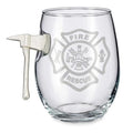 Stemless rocks glass etched with Maltese Cross and axe design for firefighters