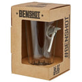 Brown cardboard box with BenShot branding containing axe glasses for drinks