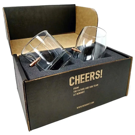 Black gift box with tilted wine glasses from BenShot Gift Sets featuring CHEERS! in gold