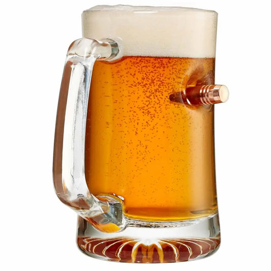 BenShot MugShot Beer Mug filled with golden beer and foamy top, 24oz capacity