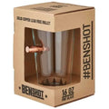 Copper bullet-shaped pint glass in packaging showcasing BenShot branding