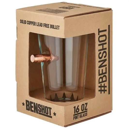 Copper bullet-shaped pint glass in packaging showcasing BenShot branding