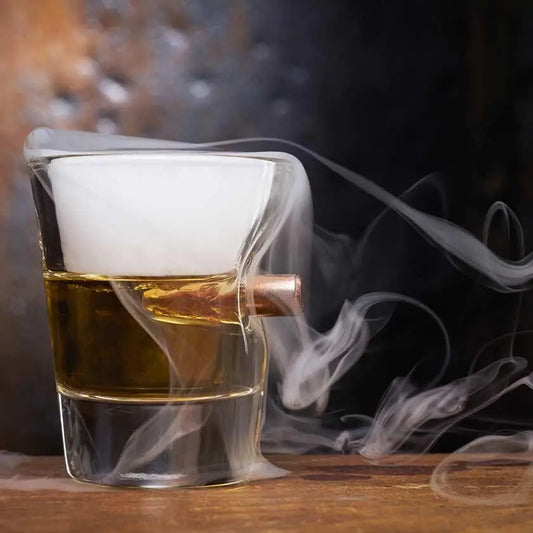 BenShot Shot Glass featuring amber liquid and a lit cigarette with smoke