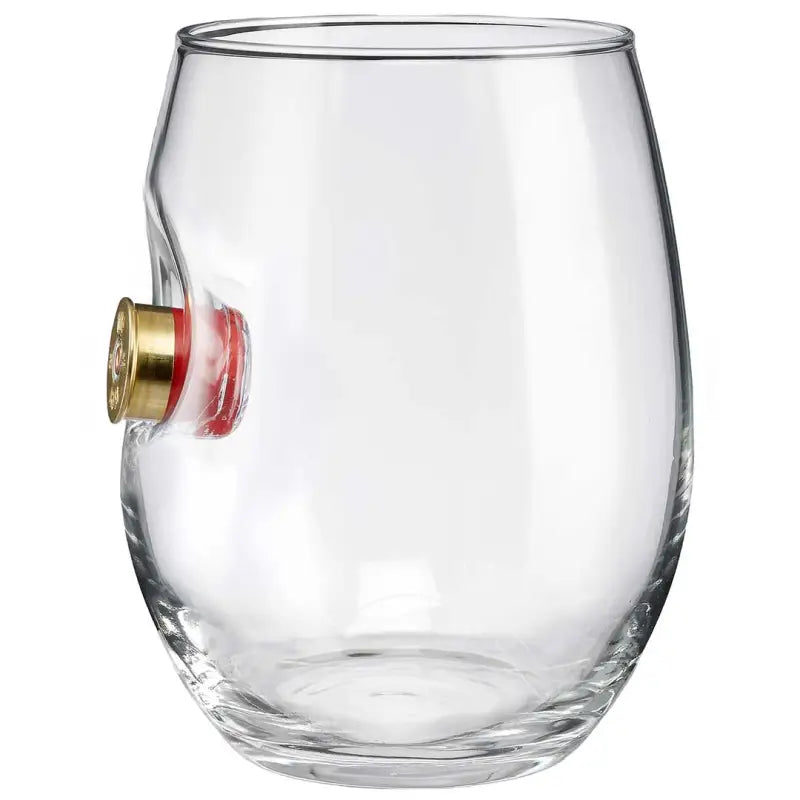 Stemless wine glass with bullet, part of BenShot Shotgun Shell Glasses collection