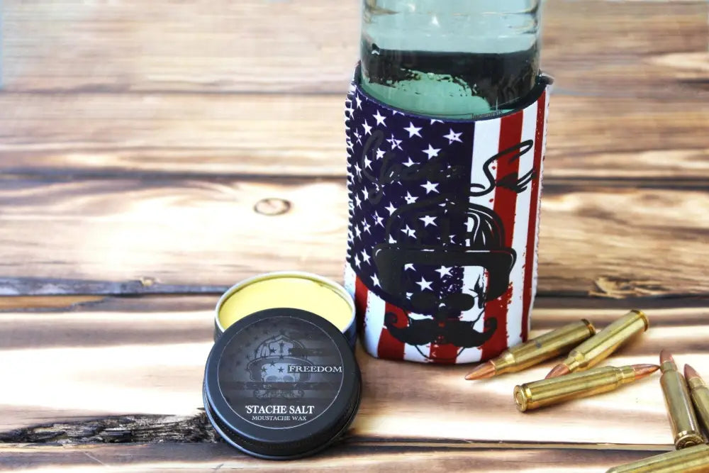 Beverage can cooler with American flag design for Freedom Blend Extra Strong Moustache Wax