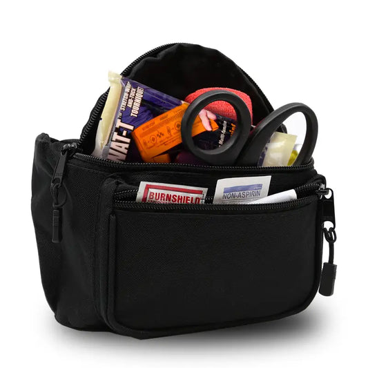 Black first aid kit in waist pouch for first responders and firefighters rescue gear