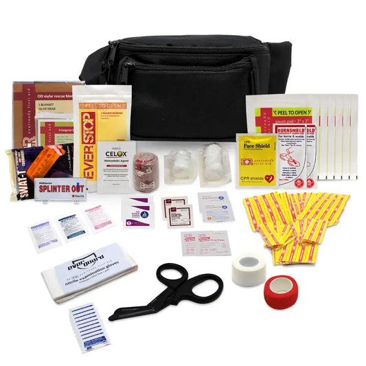Black first aid kit waist pouch with supplies ideal for first responders and firefighters