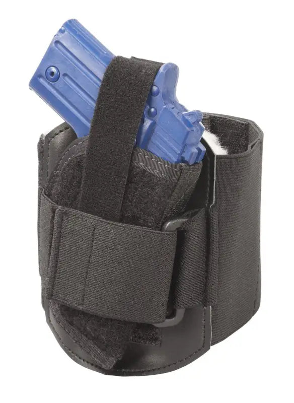 Black ankle holster with blue handgun for Ruger LC9 and Springfield Armory Hellcat