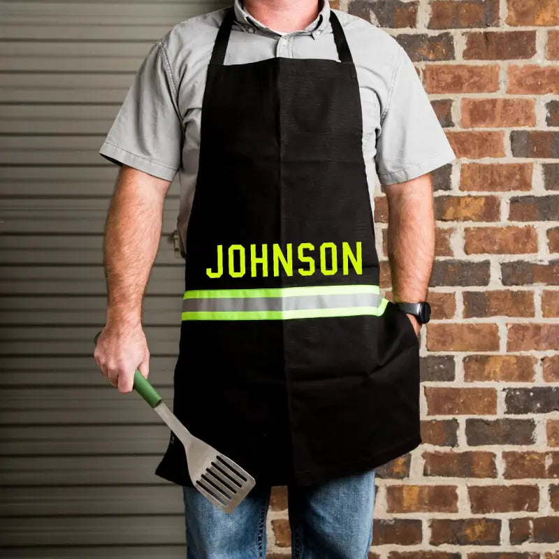 Firefighter Personalized Black Cooking Grilling Apron with Reflective Green Stripes