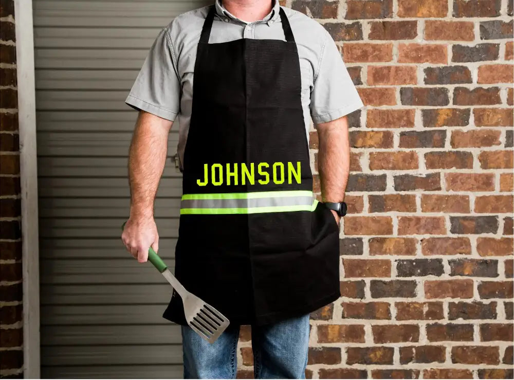 Firefighter Personalized Black Cooking Grilling Apron with Reflective Stripes and JOHNSON