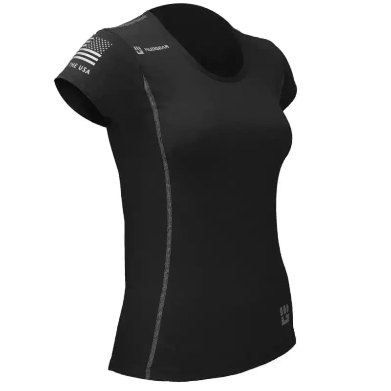 Black women’s fitted performance shirt with reflective details and short sleeves