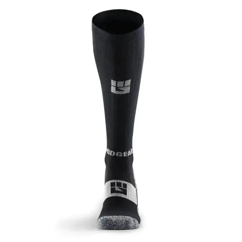 Black athletic tall compression socks with gray accents and logo details for superior performance