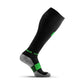 Black athletic tall compression socks with green and gray accents for long distance courses