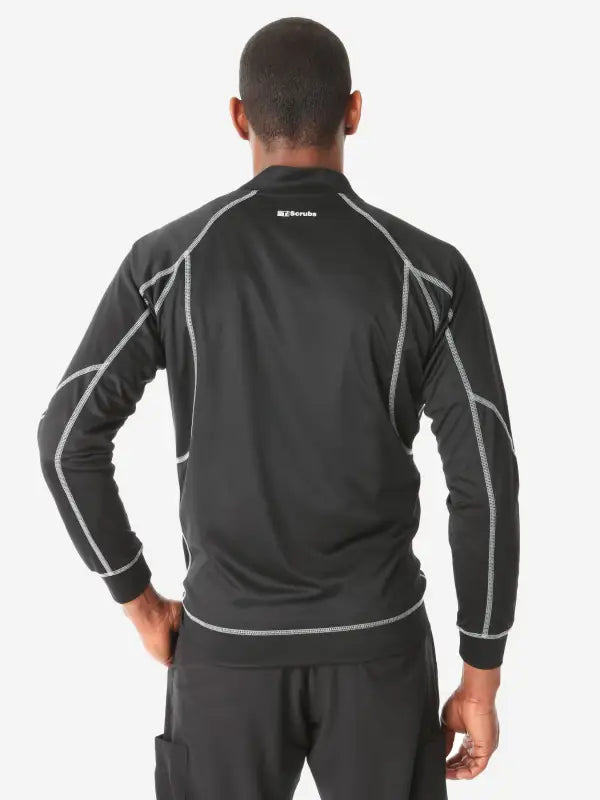 Black Men’s Scrub Jacket with gray contrast stitching viewed from the back