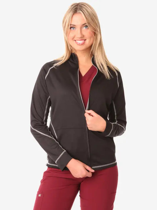 Black women’s scrub jacket with gray piping trim and full front zipper for style and comfort