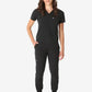 Black athletic jumpsuit with short sleeves, perfect for women’s tuckable one-pocket scrub