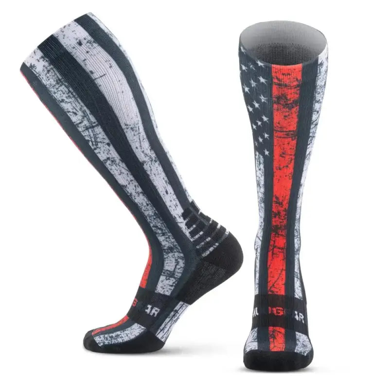 Black MudGear Custom First Responder Red Line Compression Sock with gray and red stripes