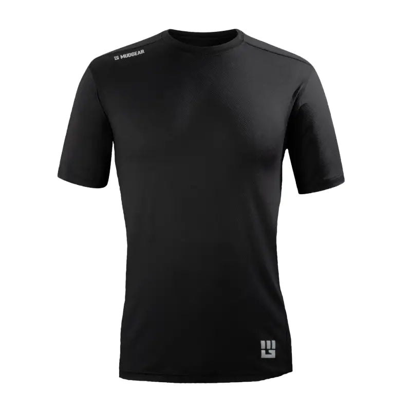 Black short sleeve performance shirt for men with logo, ideal for athletic wear