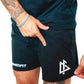 Black athletic shorts featuring a geometric logo, perfect for men’s shorts Response