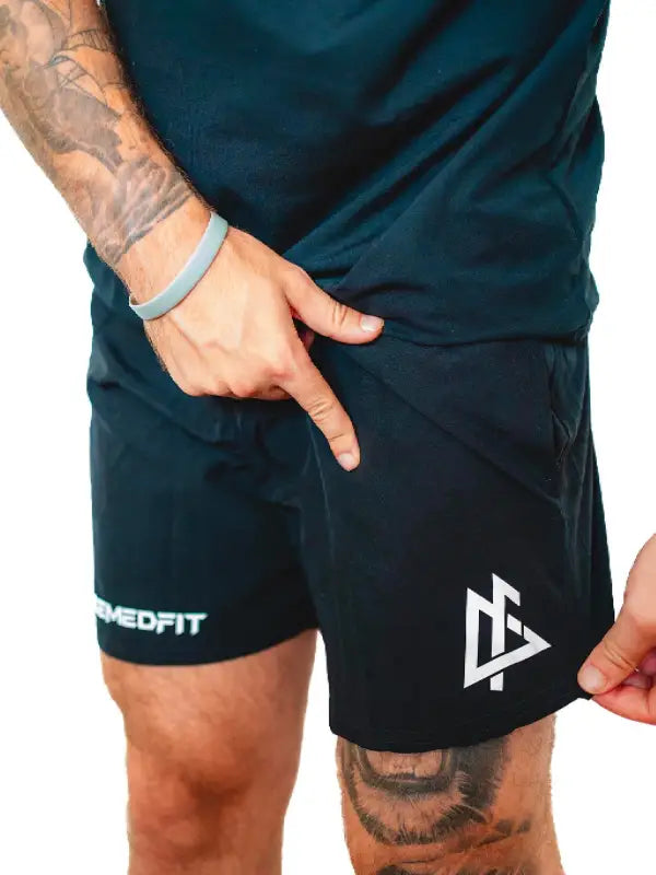 Black athletic shorts featuring a geometric logo, perfect for men’s shorts Response