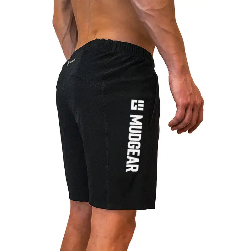 Black Men’s Freestyle Running Shorts featuring MUDGEAR text on the side