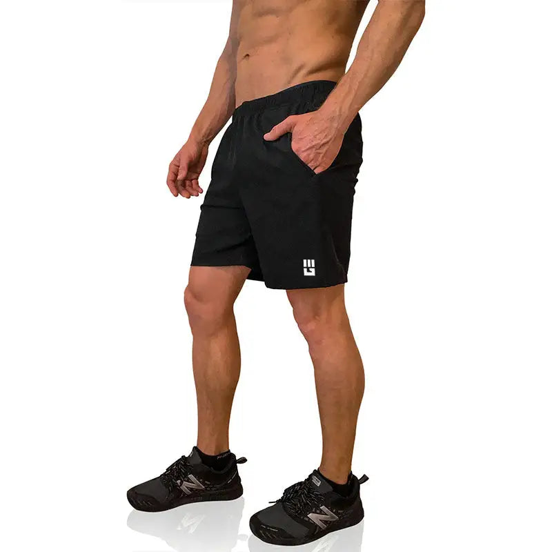 Black men’s freestyle running shorts featuring a small white logo on the leg