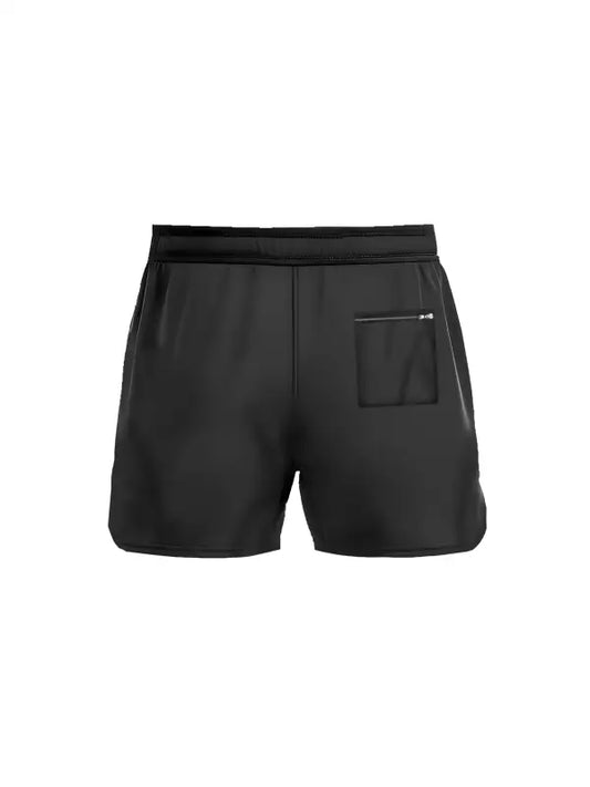 Black athletic shorts with zippered pocket, perfect for active wear. Men’s Shorts Response