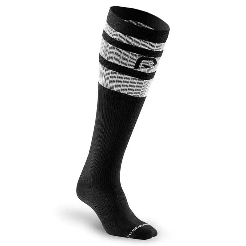 Black athletic sock featuring gray striped bands, part of the Marathon Black Classic Stripe