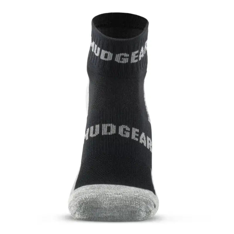 Black MudGear Quarter Crew Merino Wool Socks with grey heel and logo detail