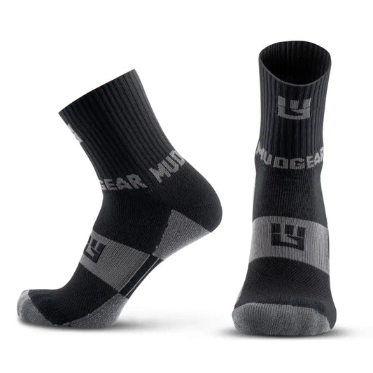 Black Mudgear 5’’ crew height trail running socks with gray accents and branding