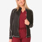 Black women’s scrub jacket with contrast piping over burgundy scrubs for a stylish look