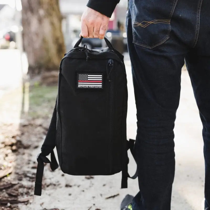 Black backpack with American flag patch in 12hr Slate Grey 1000D Cordura design