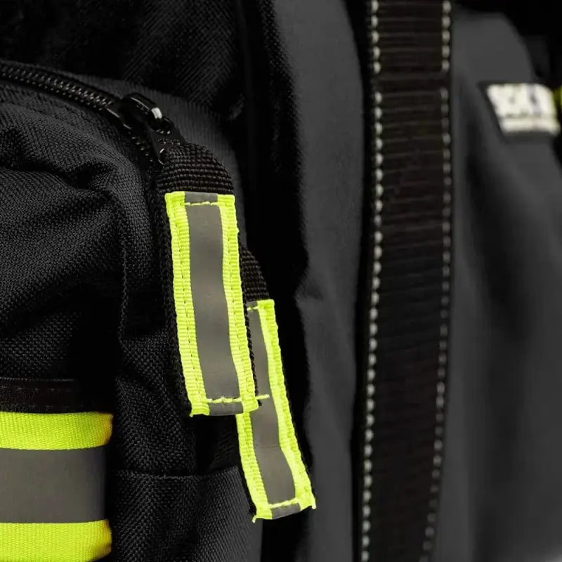 Black backpack with reflective neon yellow stripes for Scherber Intermediate Responder Trauma Kit