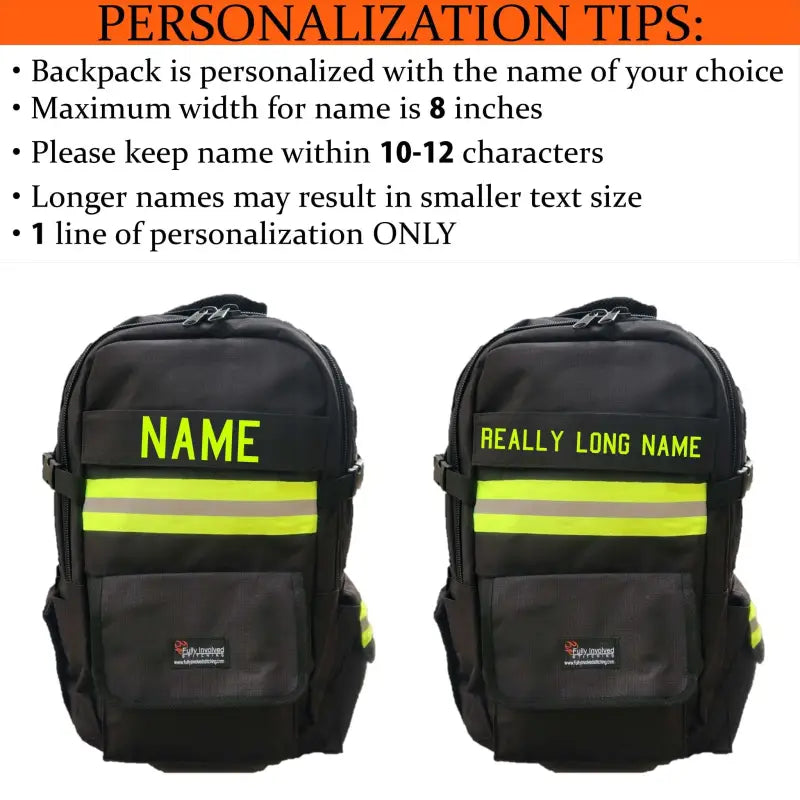 Black backpack with neon yellow stripes, customizable for Firefighter Personalized Tan