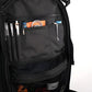 Black backpack with open front pocket and supplies, perfect for a discreet rifle backpack