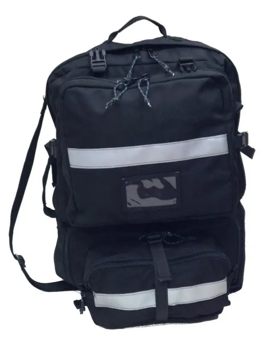 Black county bag with reflective stripes and two internal storage compartments