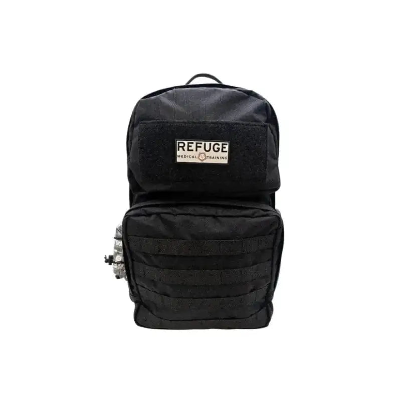 Black backpack with REFUGE patch for Field Medic Kit in tactical style