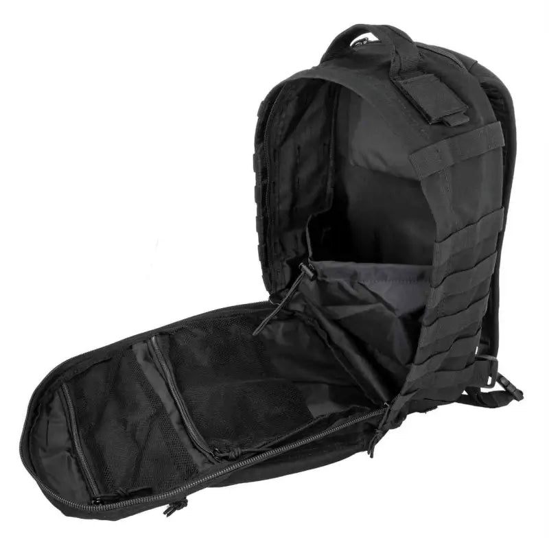 Black Tactical Trauma Backpack with zippered compartment showcasing interior details