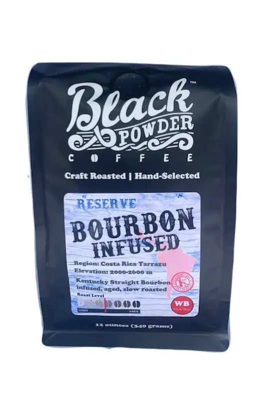 Black bag of Bourbon Infused Coffee from Costa Rica, Small Batch Medium Roast