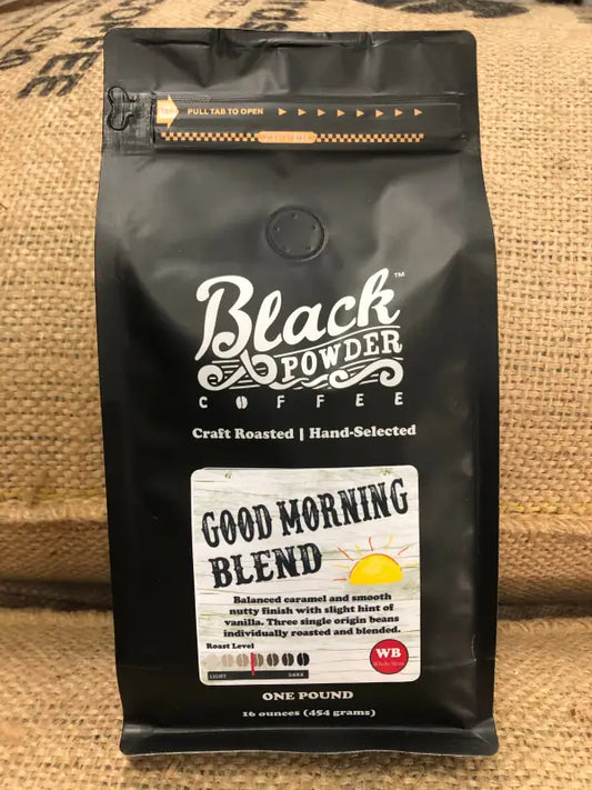 Black Good Morning Blend coffee bag with medium roast in a product shot