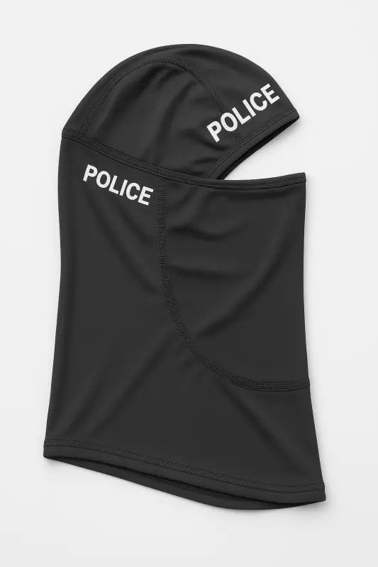 Black police balaclava with POLICE text, ideal for first responders and law enforcement