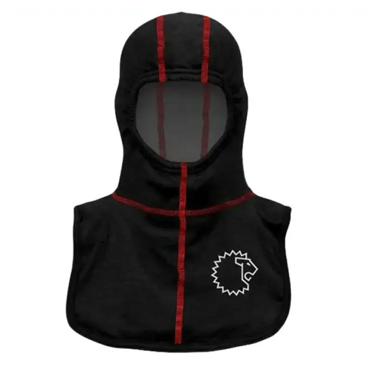 Black balaclava with red stripes and white lion logo for Lion Particulate Blocking Hood