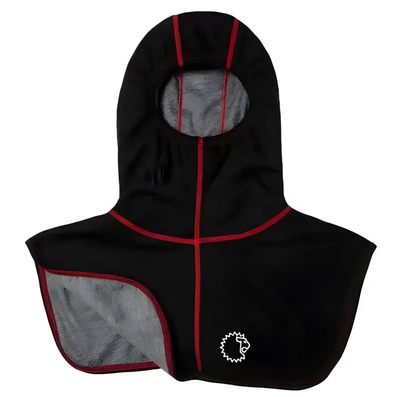 Black balaclava with red trim and logo from LION Particulate Blocking Hood, two-layer construction