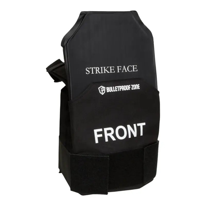 Black ballistic armor plate with STRIKE FACE and FRONT labels for level III bulletproof vest