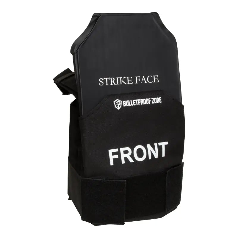 Black ballistic armor plate labeled STRIKE FACE and FRONT for ProtectVest Mini Level IIIA