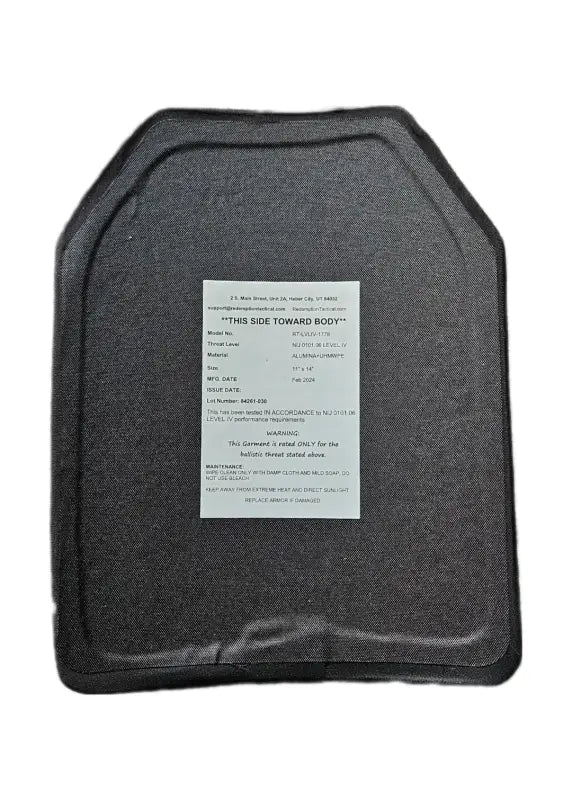 Black ballistic plate with body armor label in large size for BIG BOY Crusader 2.0 XL armor