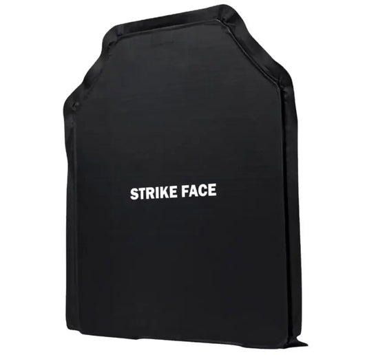 Black ballistic plate with STRIKE FACE text for level IIIA body armor by Redemption Tactical