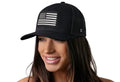 Black USA Snapback featuring a grayscale American flag patch for a stylish flag trucker hat