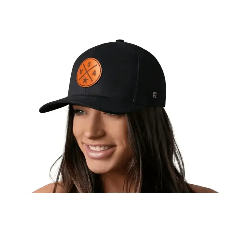 Black America Snapback with orange logo patch from USA Trucker Hat Leather collection