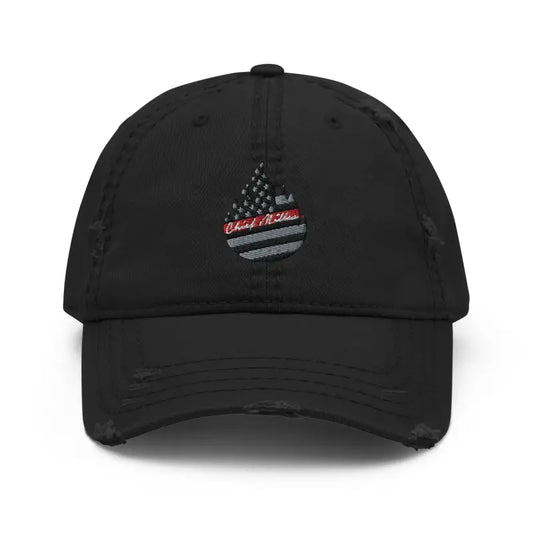 Black Distressed Chief Miller Hat featuring thin red line flag design embroidered front